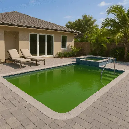 Pool with green algae before Pool Boy’s green pool cleanup service in Port Charlotte, FL