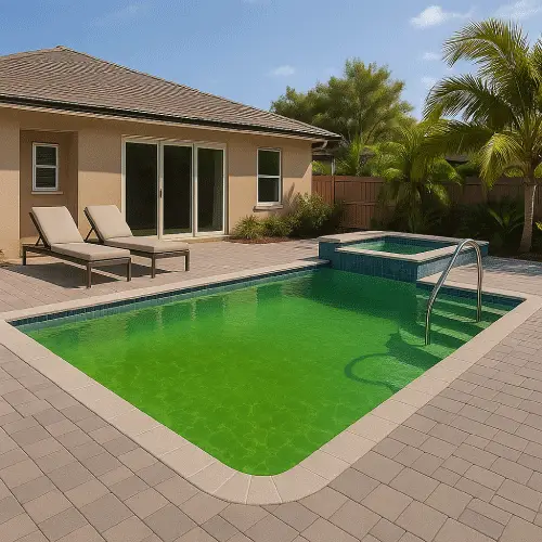 Cloudy green pool water due to high phosphate levels in Port Charlotte