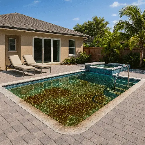 Pool with stained bottom before stain removal treatment in Port Charlotte