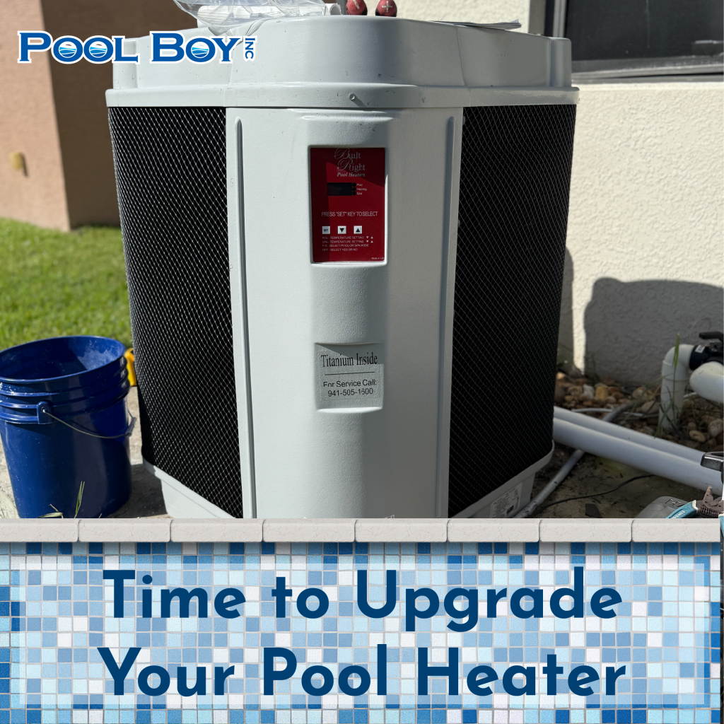A Pool Boy technician installing a modern electric pool heater beside a crystal-clear blue pool in Charlotte County, Florida, with palm trees and sunlight reflecting off the water.