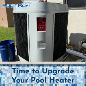 A Pool Boy technician installing a modern electric pool heater beside a crystal-clear blue pool in Charlotte County, Florida, with palm trees and sunlight reflecting off the water.