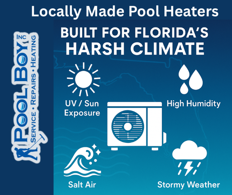 Locally made pool heaters built for Florida’s harsh climate including UV exposure, high humidity, salt air, and stormy weather