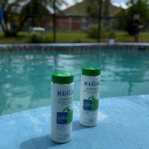 Pool stain removal treatment products used during a professional pool stain removal service in Punta Gorda, Florida