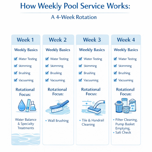 Infographic showing a four-week rotation used in professional weekly pool service