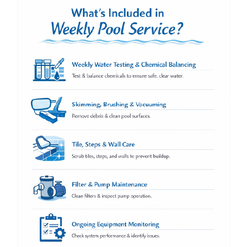 Infographic explaining what is included in weekly pool service in Punta Gorda Florida