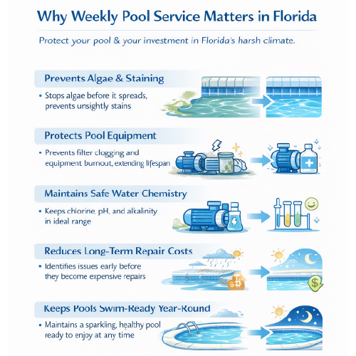 Infographic explaining why weekly pool service is important for Florida pools