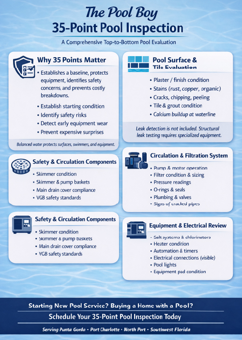 35-point pool inspection included with weekly pool service in Punta Gorda and Port Charlotte to evaluate water chemistry, equipment, and safety components.