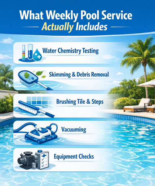Weekly pool service checklist including water testing, skimming, brushing, vacuuming, and equipment checks in a Florida pool