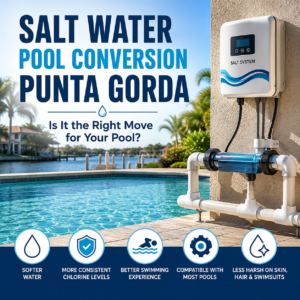 Salt water pool conversion system installed beside a residential swimming pool in Punta Gorda, Florida