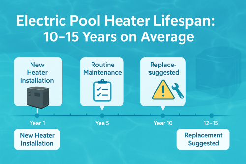 Infographic showing the average electric pool heater lifespan of 10–15 years, with icons for new installation, routine maintenance, and replacement suggested around year 10.
