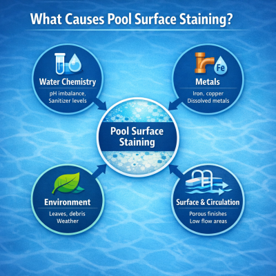 Infographic showing what causes pool surface staining, including water chemistry, metals, environment, and pool surface circulation issues